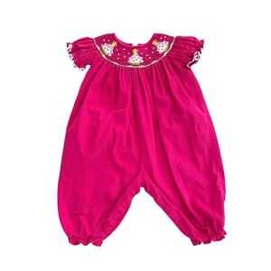 Cukees smocked micro corduroy romper jumpsuit Size 6M Christmas Tree pink cotton